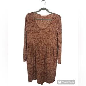 Peruvian Connection Drop Waist Dress Batik Pima Cotton Rust Light Brown Sz M